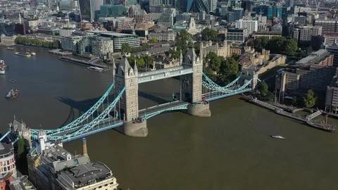 Aerial view of Tower Bridge and Tower of London in capital city of UK, Europe Stock Footage 115772264