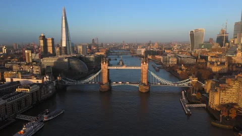 Aerial View of Tower Bridge and Thames River at Sunrise, London, United Kingdom Stock Footage 262006387