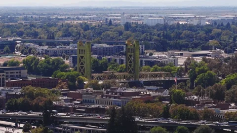 Aerial View of Tower Bridge and Old Sacramento Cityscape Stock Footage 346651300