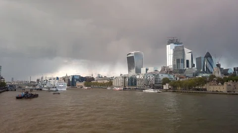 Aerial view from Tower Bridge to center of London and river Thames Stock Footage 115083704