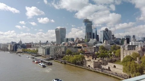 Aerial view from Tower Bridge to center of London and river Thames Stock Footage 115084635