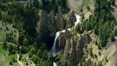 Aerial view Tower Falls waterfall Yellowstone Park Wyoming Stock Footage 91555040