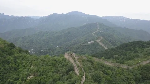 Aerial view of a Tower old Great Wall Mutianyu Beijing with a rotating shot Stock Footage 85362343