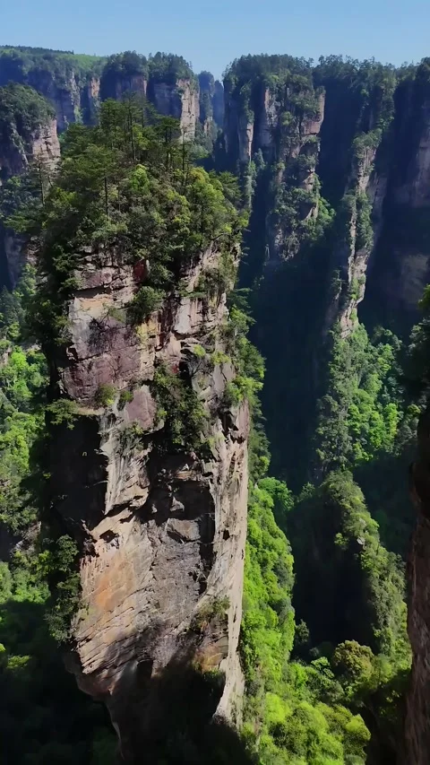 Aerial View of Towering Sandstone Pillars and Lush Green Valley Zhangjiajie Stock Footage 345731089