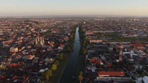 Aerial View of Town and River with Mosque, Bali Video stock 337606923