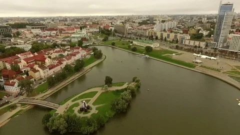 Aerial view of the town built on a river Stock Footage 69736221