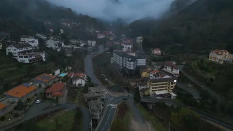 Aerial view of the town of Caldas de Gerês, in Peneda-Gerês, Portugal Stock Footage 235363333