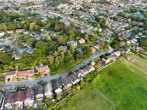 Aerial view of a town on the edge of fields and countryside in southern England Stock Photos