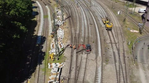 Aerial view of track construction and Passau railway station, Germany Stock Footage 338244113