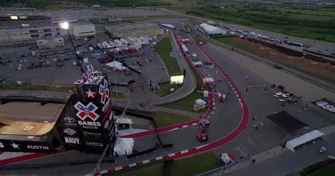 Aerial view of track side of the X Games at the Circuit of the Americas street Stock Footage 77732322