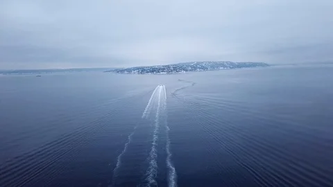 Aerial view of tracking a fast ferry boat in Oslo fjord, Norway near Fornebu Stock Footage 86237993