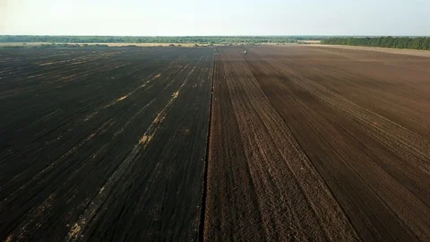 Aerial view of tractor and storks on a plowed field Stock Footage 128239085
