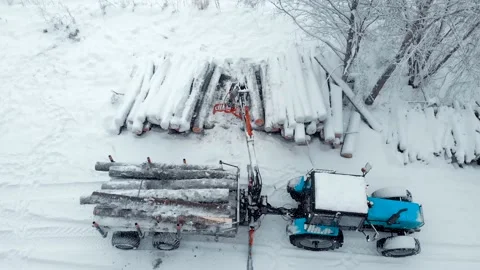 Aerial view tractor with a crane loads a trailer with logs Stock Footage 169548729