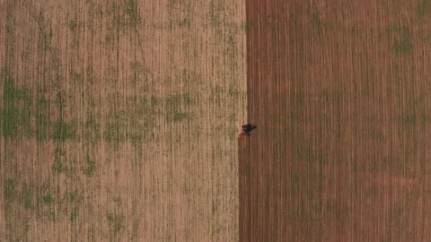 Aerial view tractor cuts furrows in farm field for sowing farm tractor with Stock Footage 145519015
