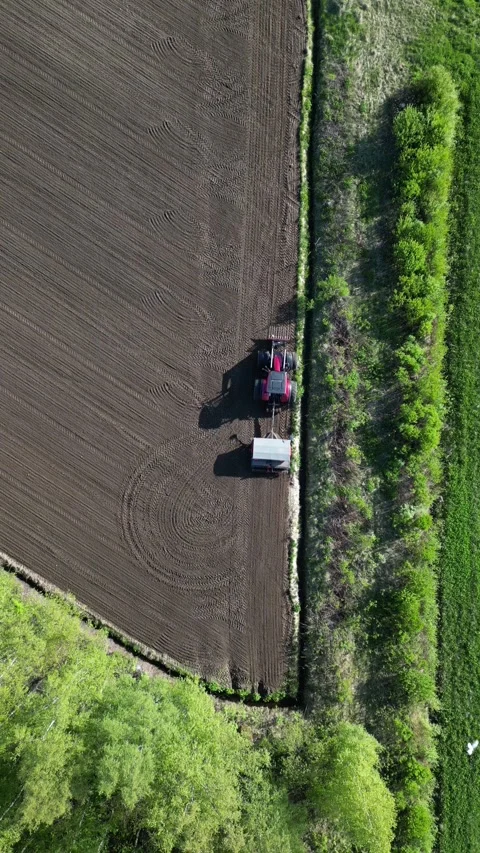 Aerial view of tractor seeding with mounted seeder Video stock 310777896