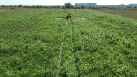Aerial view on tractor as spraying field with sprayer, herbicide and pesticide Stock Footage 299905379