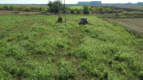 Aerial view on tractor as spraying field with sprayer, herbicide and pesticide Stock Footage 299905748