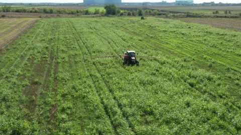 Aerial view on tractor as spraying field with sprayer, herbicide and pesticide Stock Footage 299906901