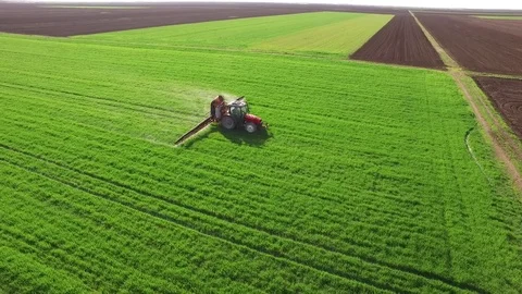 Aerial view of tractor spraying wheat field Video stock 72610653