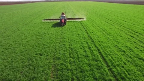 Aerial view of tractor spraying wheat field Video stock 72610992