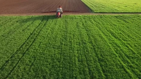 Aerial view of tractor spraying wheat field Video stock 72611192