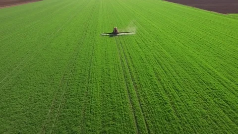 Aerial view of tractor spraying wheat field Video stock 72611210