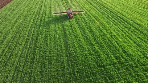 Aerial view of tractor spraying wheat field Video stock 72611491