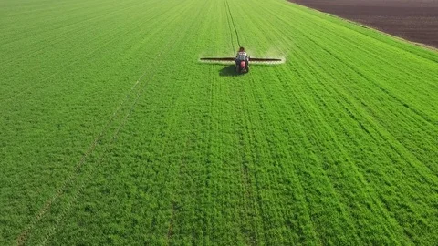 Aerial view of tractor spraying wheat field Video stock 72611536