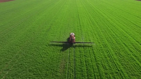 Aerial view of tractor spraying wheat field Vidéo 72611972