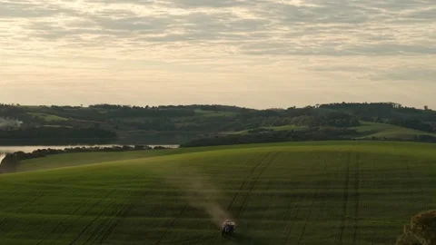 Aerial View of Tractor Spreading Solid Nitrogen Over Wheat Field in Brazil Stock Footage 314142785