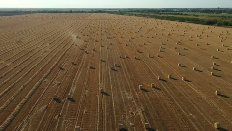 Aerial view of tractor tow trailed bale machine to collect straw Stock Footage 300245439