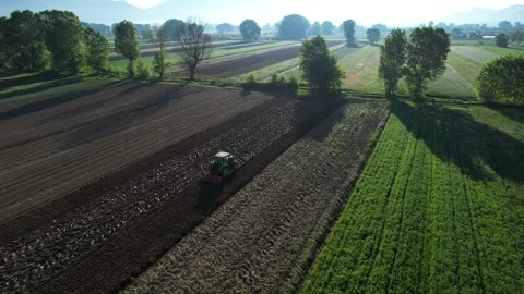 Aerial View of Tractor Working in Parcels on a Beautiful Morning, Stock Footage 274726530