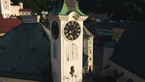 Aerial view of traditional clock on tower Church  - Banska Stiavnica Video stock 119334288