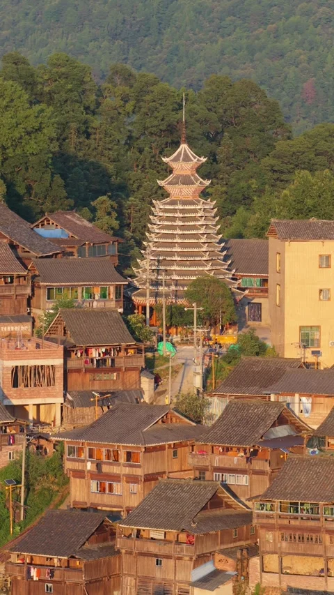 Aerial view of traditional drum tower in Dong Village, China. Stock Footage 345066206