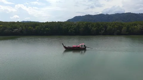 Aerial View, Traditional Long-Tail Thai Boat Navigating Along River, Phang Nga Stock Footage 344908231