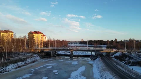 Aerial view of traffic on the bridge, Oulu Finland Stock Footage 300166341