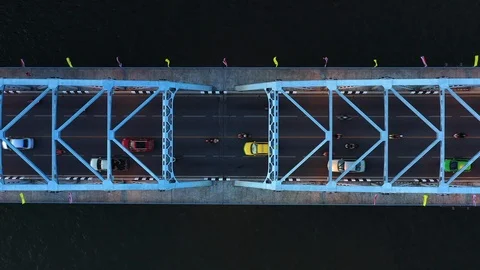 Aerial view on traffic bridge over river, cars on bridge. 스톡 동영상 107308488