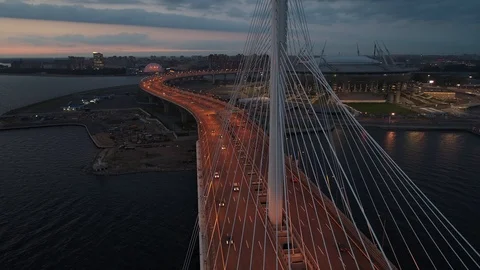 Aerial view traffic on cable bridge and Saint-Petersburg stadium Stock Footage 127539673