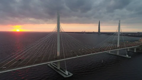 Aerial view traffic on the cable stayed bridge in Saint-peterbsurg Stock Footage 127533319