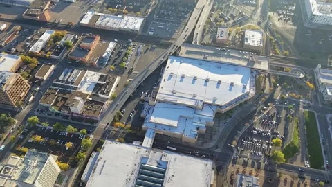Aerial View of Traffic In City With Exit to Highway in Slow Motion Stock Footage 142307124