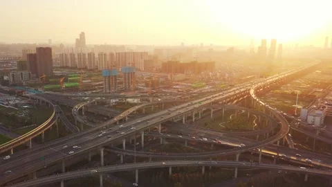 Aerial view of traffic on elevated expressway in hangzhou qianjiang centry city Stock Footage 195595038