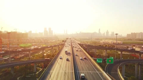 Aerial view of traffic on elevated expressway in hangzhou qianjiang centry city Stock Footage 195629800