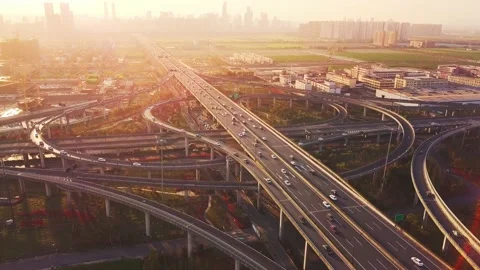 Aerial view of traffic on elevated expressway in hangzhou qianjiang centry city Stock Footage 195631007