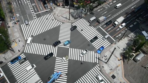 Aerial view of traffic at Ginza intersection, Cars is moving slowly Stock Footage 156198507
