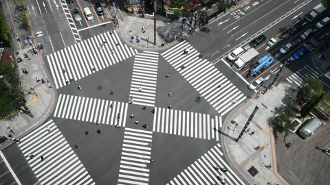 Aerial view of traffic at Ginza intersection, Cars is moving slowly Stock Footage 156198723