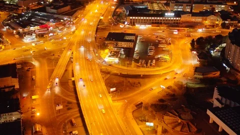 Aerial view of a traffic intersection at night Stock Footage 129505460