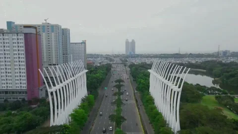 Aerial view of traffic on Jalan Benjamin Sueb-Bandar Kemayoran. Stock Footage 200339404