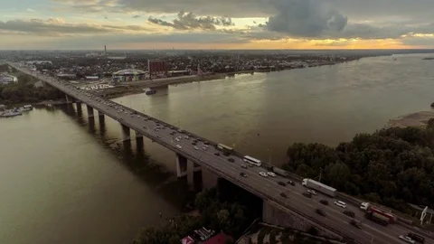 Aerial view with traffic jam on bridge over the river Stock-Footage 79224222