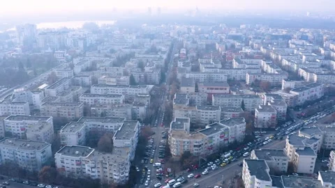 Aerial view of traffic jam in Bucharest. Block of flats in Bucharest. Stock Footage 150598131