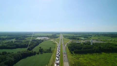 Aerial view of traffic jam on highway 80 in Ohio at day. Stock Footage 220171114